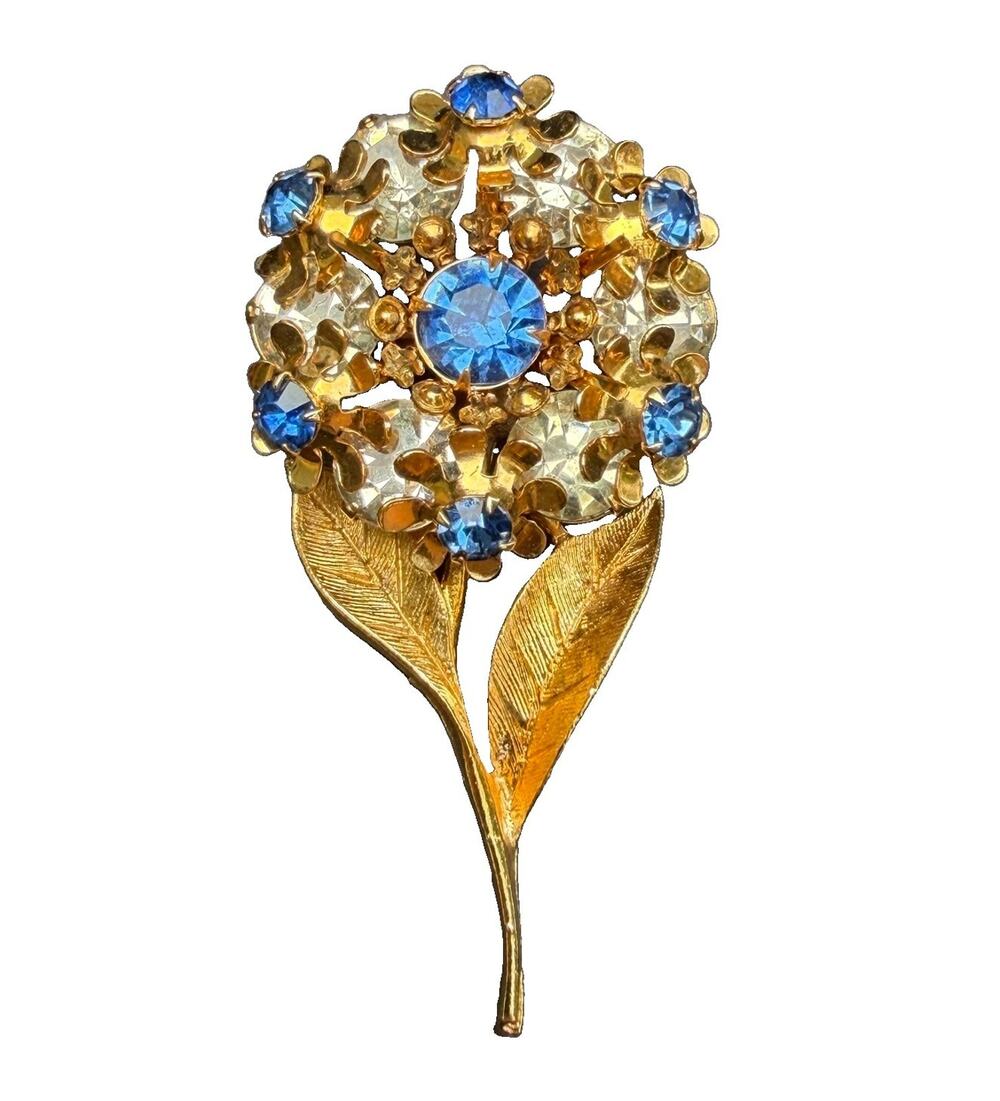 Vintage Blue Clear Rhinestone Stem Flower Brooch Gold Tone Bright Floral Pin